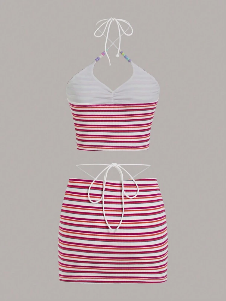 Multicolored Striped Beaded Necklace & Earrings Set