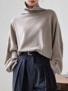 DAZY Turtleneck Drop Shoulder Sweater - Khaki - View 6