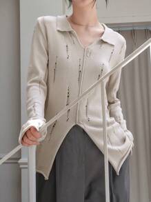 DAZY 素色破洞下擺開叉套頭毛衣 - 杏色 - 查看 3