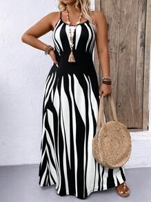 Plus Size Sleeveless Maxi Dress With Adjustable Spaghetti Straps In Black And White Striped Pattern, Women Summer Outfit