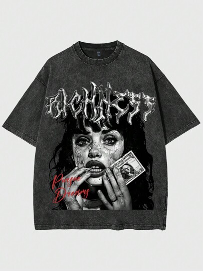 Street Life قميص تي شيرت جرافيك فينتاج مغسول بالحبر مقاس كبير، صيفي