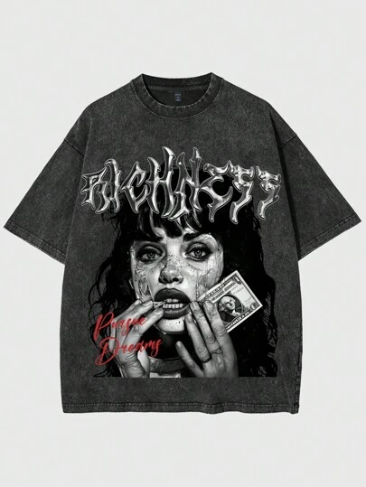 Street Life Camiseta con estampado de retrato lavado vintage para hombre, estilo de los años 2000