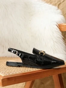 2025 Autumn Women's Slingback Flat Shoes With Square Toe, Metal Buckle, Open Heel And Fashionable Mule Design - Black - View 5