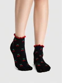 ROMWE Kawaii 1pair Women Black Frill Trimmed Cherry Mid-Calf Socks, For All Seasons
