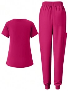 女士手术服套装 - 柔软拉绒弹性运动护士工作服，带口袋，透气手术服套装