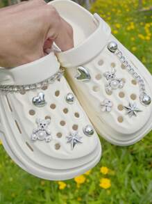 Fashionable New Silver Diamond Bear Sandals (DIY Accessories For Self-Installation), Women's Non-Slip Pool Beach Summer Home Slippers With Removable Decorative Thick-Bottomed Female Hole Shoes