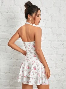 SHEIN PETITE Women's Floral Print Halterneck Dress - White - View 5