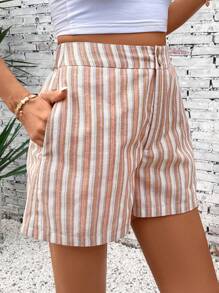 SHEIN LUNE Casual Women's Striped Button Pocket Shorts - Multicolor - View 4
