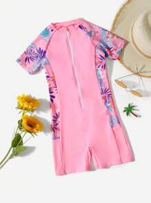 SHEIN Tween Girl Plant Print Zip Front One Piece Swimsuit