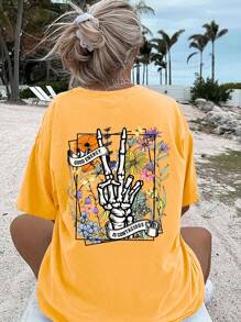 INAWLY Women's Summer Flower Skull With Hand Print Loose Casual T-Shirt With Drop Shoulder And Round Neck Graphic Tees Women Tops