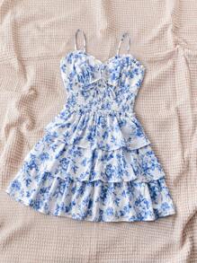 Soleia Women's Summer Vacation Mini Dress With Blue Flower Print, White Background, Ruffle Neckline, Triple Tiered A-Line Dress With Frill Hem, And Spaghetti Straps - Blue and White - View 6
