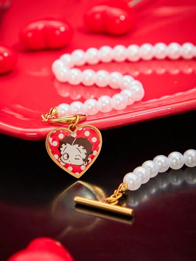 Betty Boop | ROMWE 1 pezzo Collana a perle finte con ciondolo a cuore a pois di personaggio dei cartoni animati