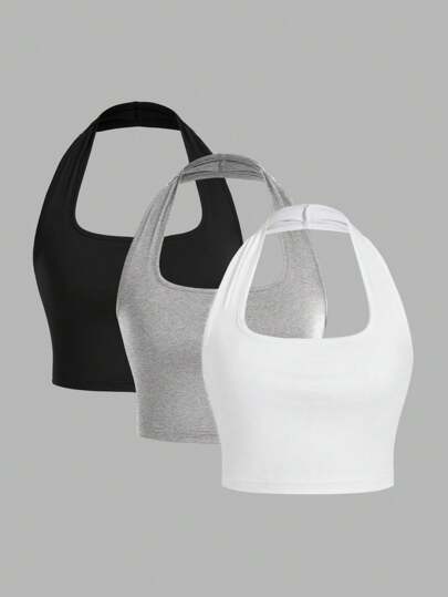 SHEIN EZwear 3pcs Women's Casual Short Tight Halter Neck Tank Top, Suitable For Summer Back To School