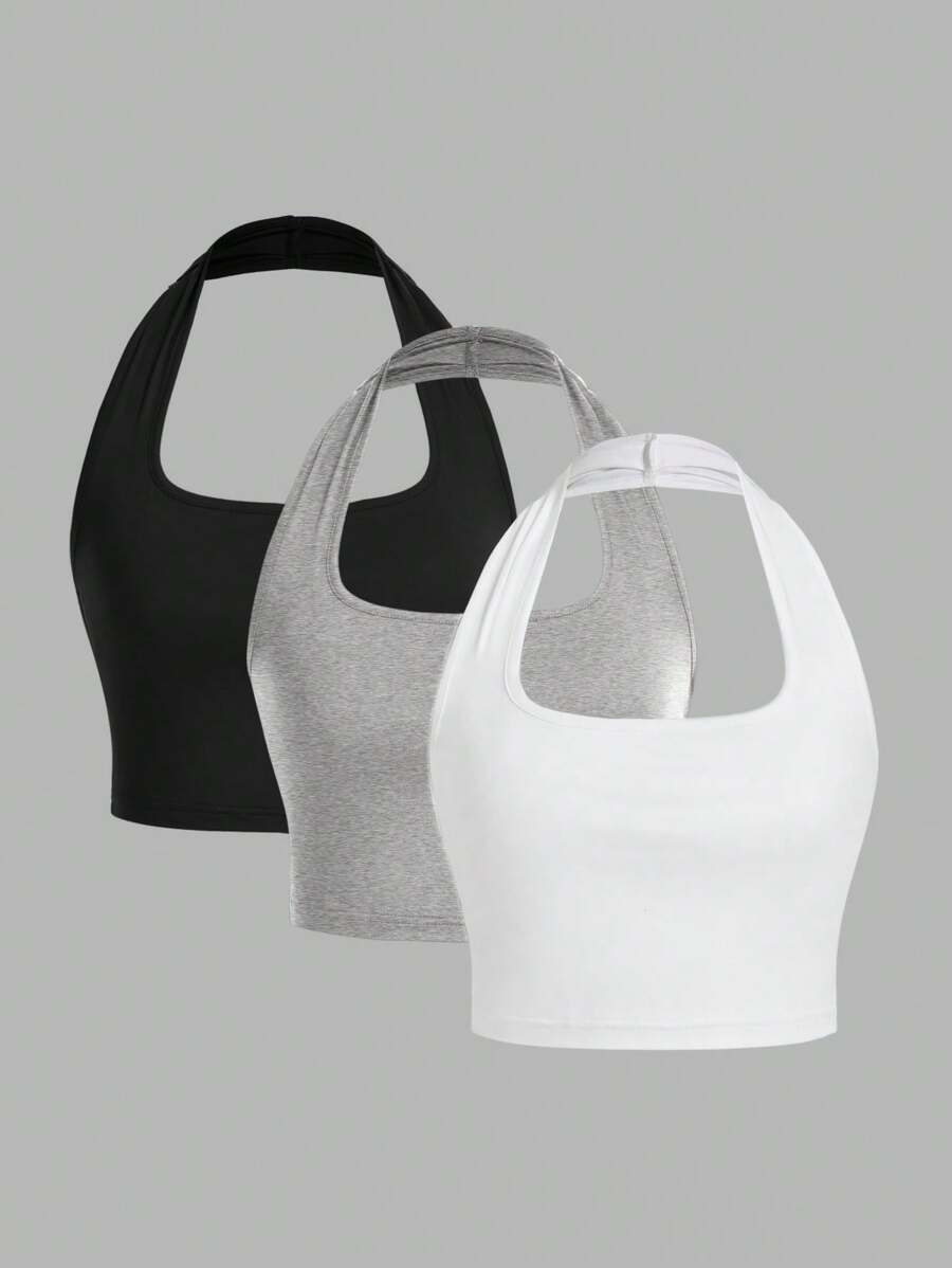 SHEIN EZwear 3 chiếc áo ba lỗ cổ ngắn bó sát thường ngày dành cho nữ, thích hợp cho mùa hè - Nhiều màu - Xem 1