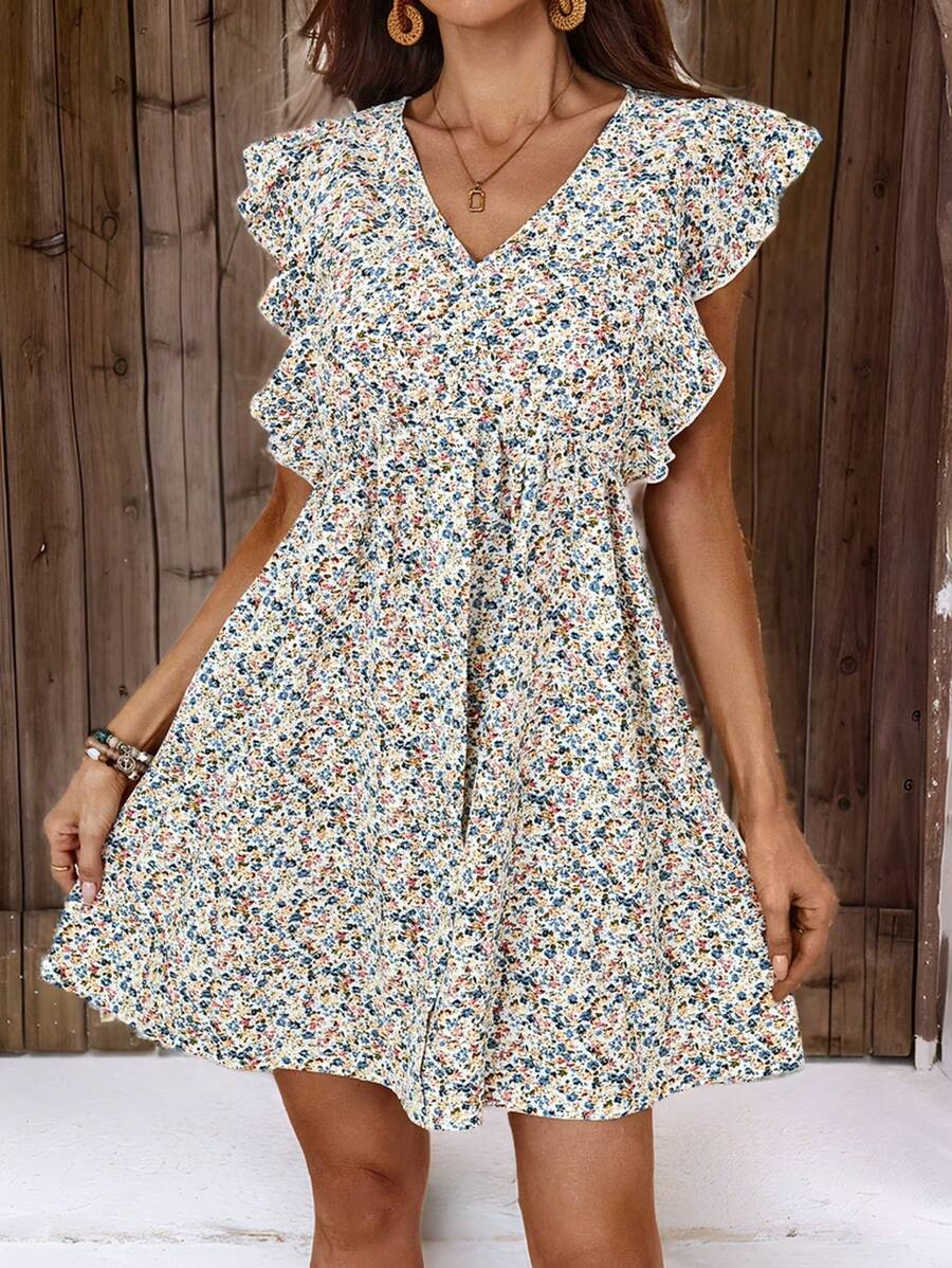 SHEIN LUNE Women's Summer Fashionable Short Floral Ruffle Hem Romper - White - View 1