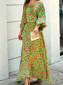 Green Vintage Lantern Sleeve Cinched Waist Midi Dress, 3/4 Sleeve, Perfect For Vacation - 薄荷綠 - 查看 1