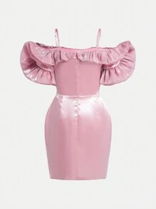 فستان حفلات راقي للفتاة المراهقة بأكمام منتدلة وحاشية متموجة على الكتف - وردي - مشاهدة 2