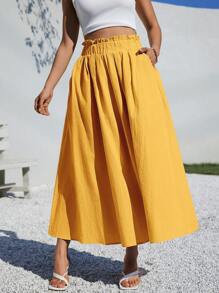 SHEIN Essnce 夏季女士服装休闲 A 字形亚麻中长裙，适合夏季海滩高腰宽松