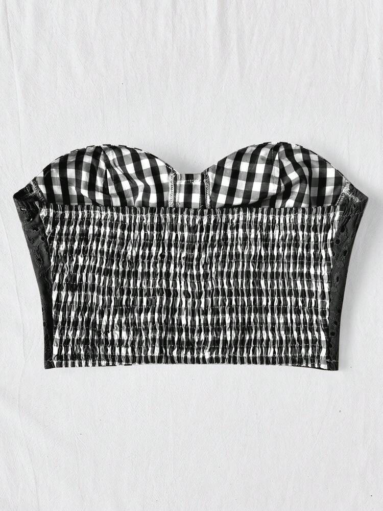 WYWH Women's Vacation Style Yellow & White Plaid Splice Hollow Out Embroidered Texture Romantic Countryside Strapless Top