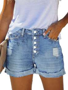 Women's Single Breasted Distressed Denim Shorts, Summer - Light Wash - View 4