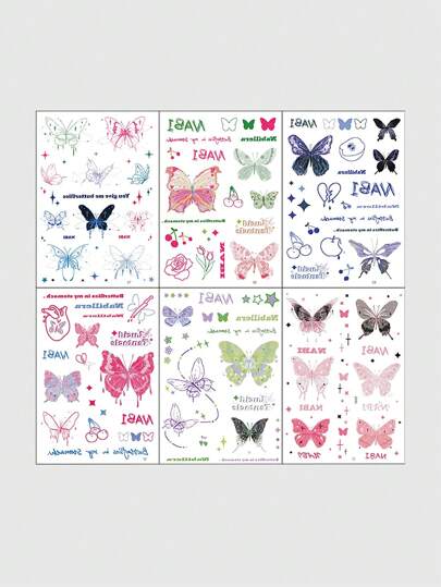 Fairycore 6 pezzi Tatuaggi temporanei con motivo di farfalle multicolori