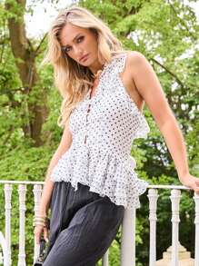 COSMINA Women's Simple Polka Dot Print Open Shoulder Daily Wear Tank Top - Black and White - View 1