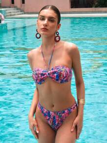 MOTF PREMIUM SUMMER BEACH ALLOVER PRINT SHIRRED HALTER NECK BIKINI SET - Multicolor - View 6