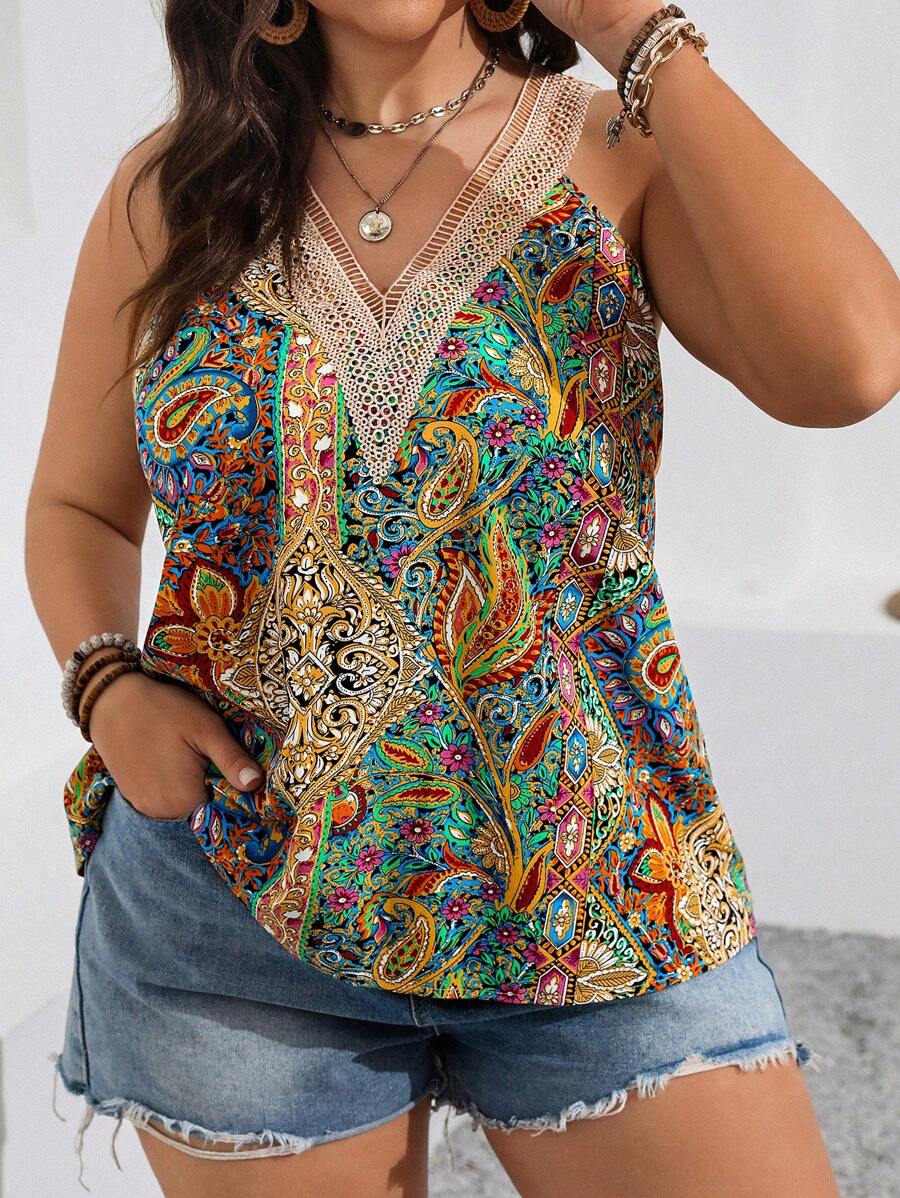 Breezaya Plus Size Vintage Print Open Shoulder Lace Trimmed Camisole Graphic Tees Women Tops
