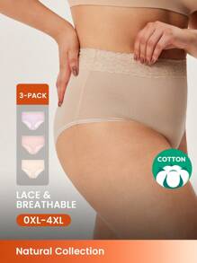 LUVLETTE Plus 3 条装高腰纯棉蕾丝三角裤女士内衣内裤套装-Girlcore - 彩色 - 查看 1