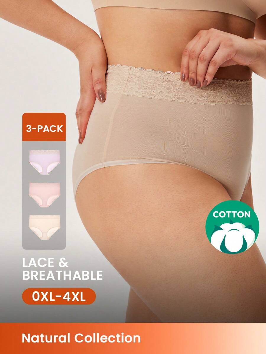 LUVLETTE Plus 3 条装高腰纯棉蕾丝三角裤女士内衣内裤套装-Girlcore - 彩色 - 查看 1