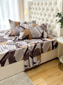 4pcs 100% Polyester Geometric Pattern Bedding Set (2 Pillowcases + 1 Bed Sheet + 1 Fitted Sheet), Modern Polyester Bedding Set Suitable For All Seasons - Multicolor - View 2
