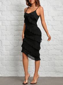 SHEIN PETITE Black Dress Party Dress For Women Date Evening Dress Solid Color Ruffle Asymmetric Hem Slip Dress