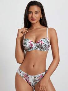 Leaf Print Underwire Bra & Panty Lingerie Set - Multicolor - View 4