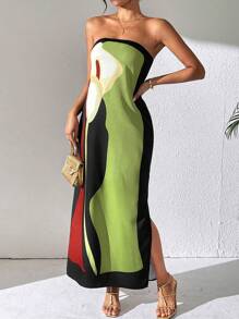 EMERY ROSE Women's Color-Block Strapless Summer Dress With Slit, Vacation Style Maxi Women Outfit - Black - View 5