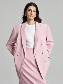 Ontre Women's Solid Color Turn-down Collar Double-breasted Blazer Jacket - Pink - View 5