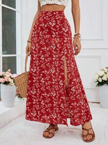 SHEIN VCAY Vacation Woven Printed Slit High Waist Fitted Women's Skirt