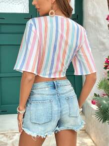 SHEIN VCAY Women's Striped Print Simple Daily Shirt - Multicolor - View 2