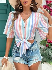 SHEIN VCAY Women's Striped Print Simple Daily Shirt - Multicolor - View 6