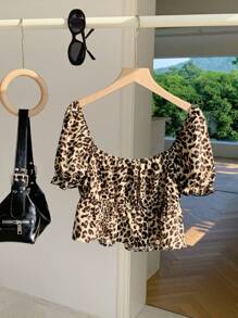 Comfortcana 女士夏季时尚豹纹泡泡袖短款衬衫、短袖上衣 - 彩色 - 查看 2