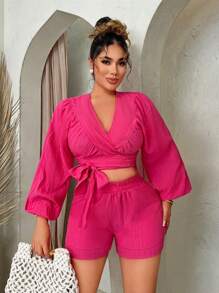 SHEIN SXY Conjunto de top de mangas de farol con detalles de cordones y pantalones cortos de doble capa