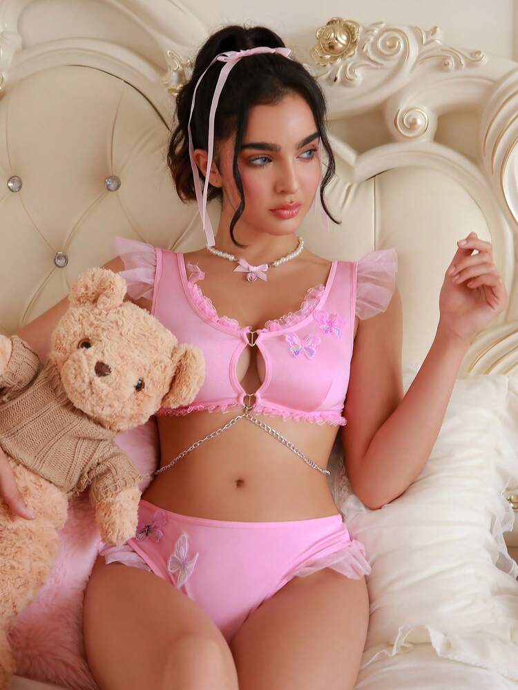 Romantic Chain Butterfly Embroidery Solid Color Pleated Bra And Triangle Panties Sexy Lingerie Set
