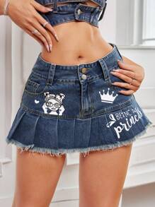 SHEIN ICON Váy denim có tua rua in chữ mùa hè dành cho nữ, gợi cảm - Màu xanh lam - Xem 4