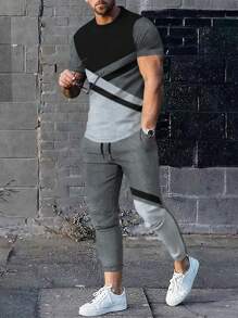 Manfinity Homme 男士撞色T恤&腰部抽繩衛褲 - 深灰色 - 查看 1