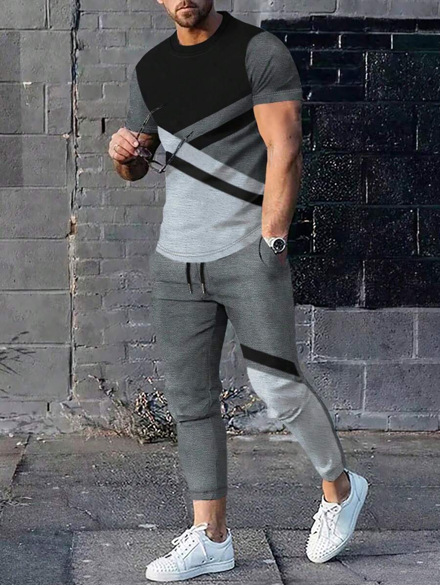Manfinity Homme 男士撞色T恤&腰部抽繩衛褲 - 深灰色 - 查看 1