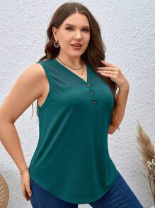SHEIN LUNE Plus Size Solid Color V-Neck Summer Casual Tank Top - Dark Green - View 5