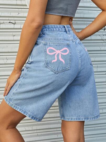 SHEIN EZwear 夏季休閒水洗鬆身牛仔短褲，蝴蝶結裝飾