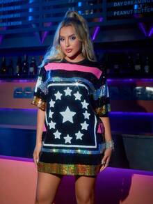 Y2K音乐节街头圆领撞色闪亮亮片星星图案短袖T恤连衣裙