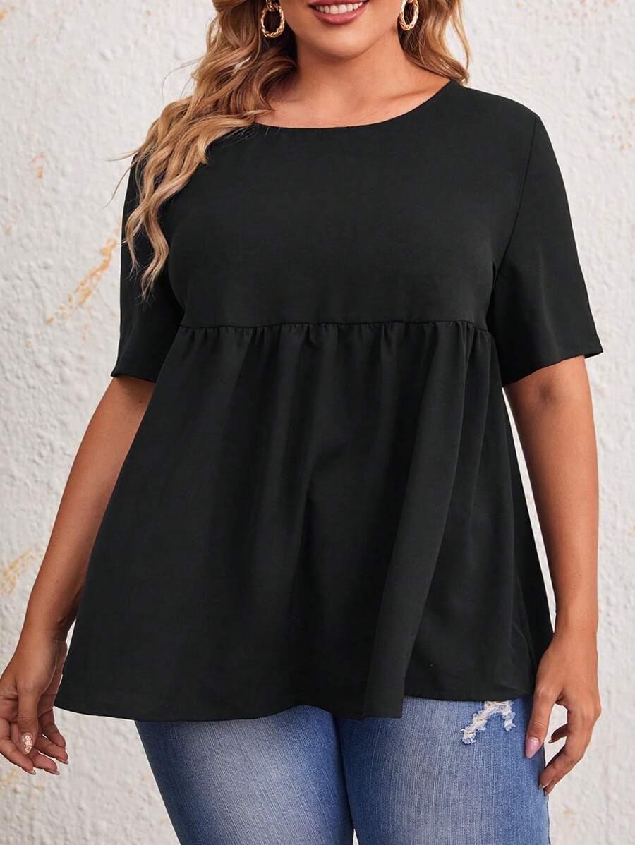 SHEIN CURVE+ Babydoll Top Einfarbig Große Größen für Damen - Schwarz - Übersicht 1