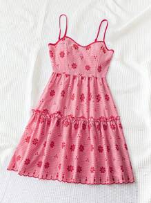 Soleia Vestido de cami a cuadros rojos con bordado de flores, vestido de cami babydoll con cuello redondo, vestido de cami con volantes en el dobladillo y capas - Rojo - Ver 4