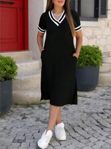 Elegante vestido de verano para mujer, suelto y sencillo con cuello en V y manga corta con abertura en el dobladillo - Negro - Ver 1